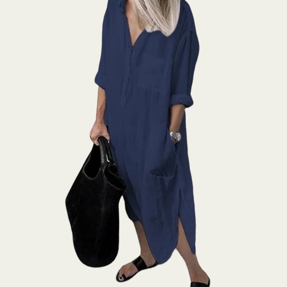 🆕Cotton Summer Maxi Shirt Dress Button Up Baggy Lounge Swim Cover Navy Blue Med